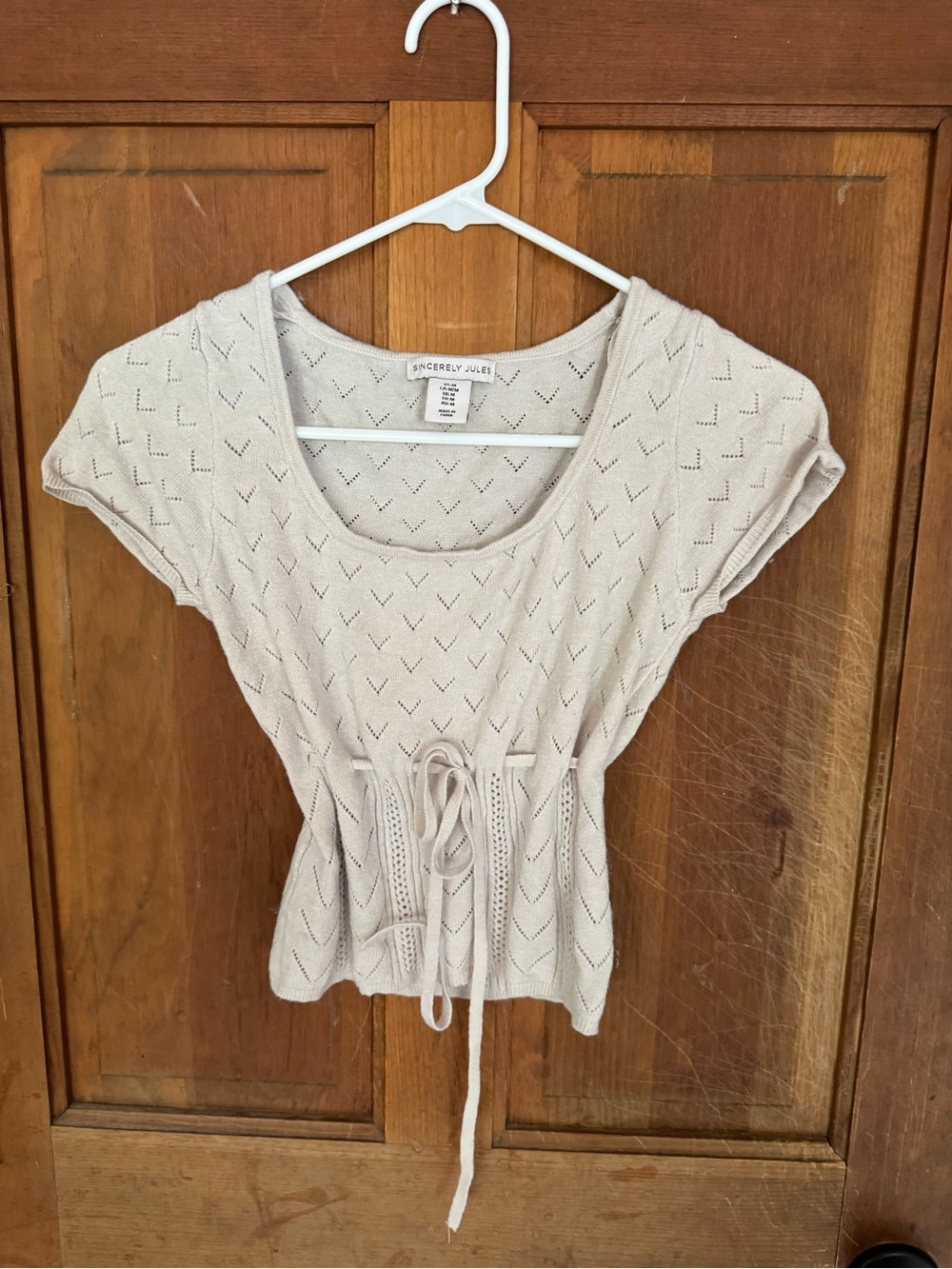 Sincerly Jules Cream Eyelet Knit Tie-Waist Short Sleeve Top